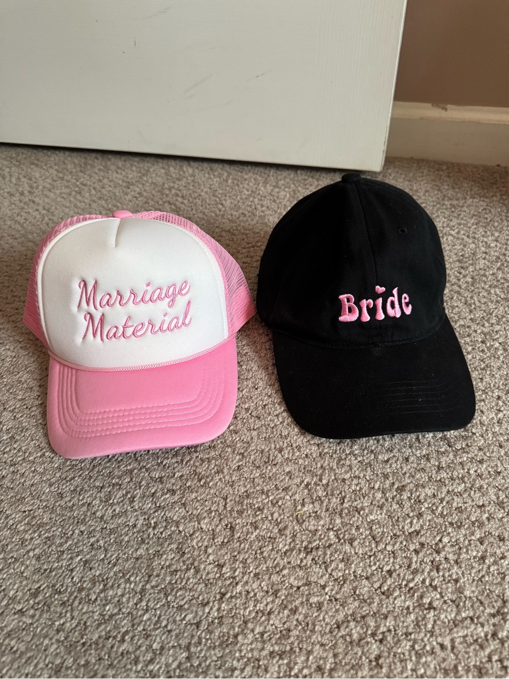 Wedding Hats - Pink "Marriage Material" Trucker + Black "Bride" Cap